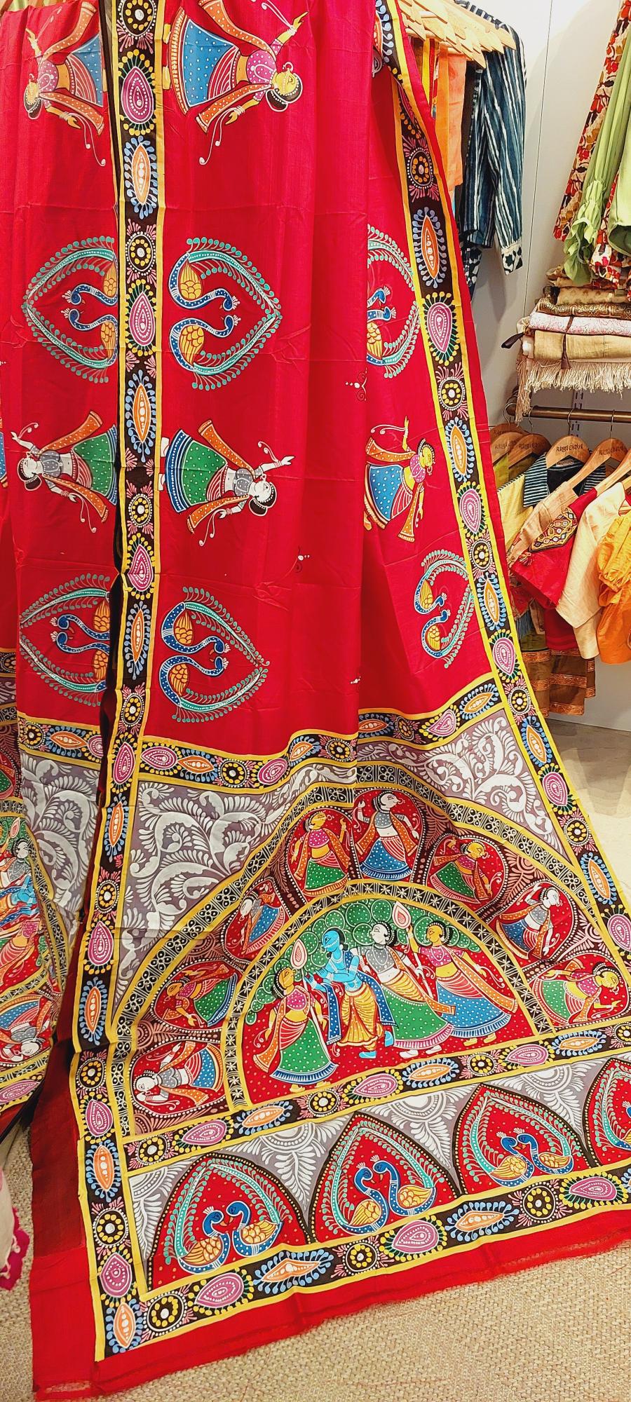 Pattachitra Handpainted saree, Krishna leela saree, Pattachitra saree