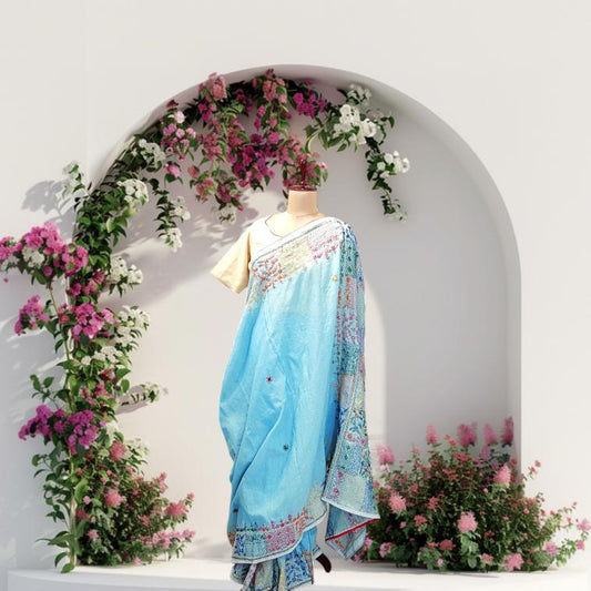 pastel blue saree, hand painted pichwai sarees, quirky saree