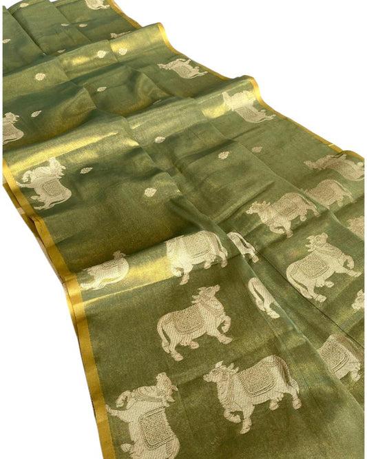 Moss Green Tissue Silk saree Pichwai Weave,  Party Wear Saree