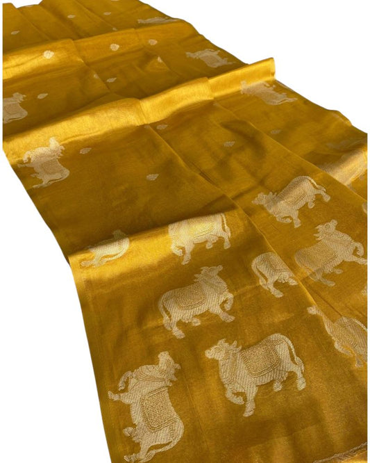 Yellow Gold Tissue Silk Pichwai Weave Saree , Haldi Ceremony Saree, Tissue Silk saree, Gaye Holud saree