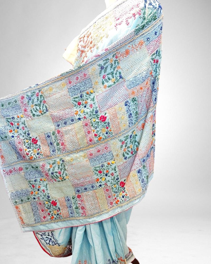 pastel blue saree, hand painted pichwai sarees, quirky saree