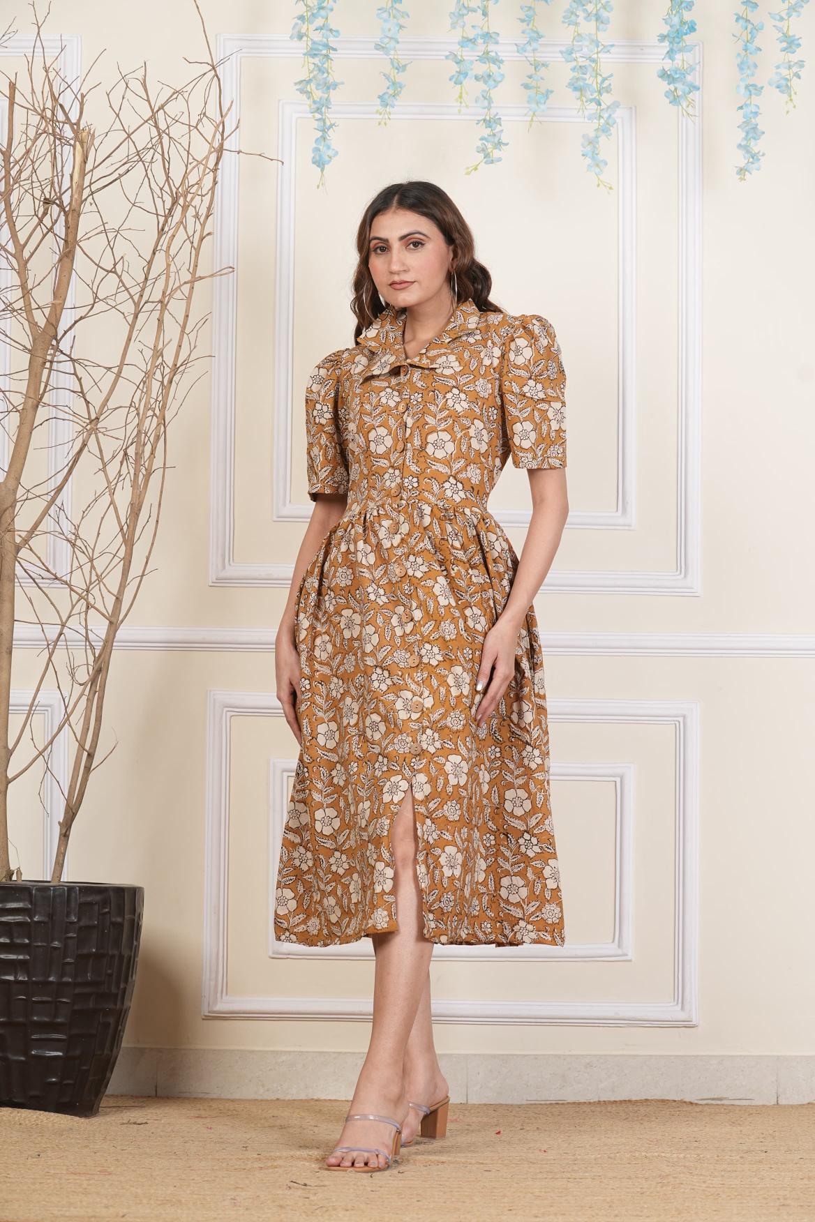 Buttercup Floral printed Cotton dress, Pure cotton Dress, sustainable dresses, Hand loom dresses, Indigo dresses, Block printed Dress, Monson Dresses, Gerua dress, Rui Fish dress, Fish printed Dress, Puffed sleeve dress, Matte Red cotton dress, Orange dress, Pocket dress, One piece Dress,  Cotton Dress,  Collar dress,, Summer dress, , Kalamkari Dress