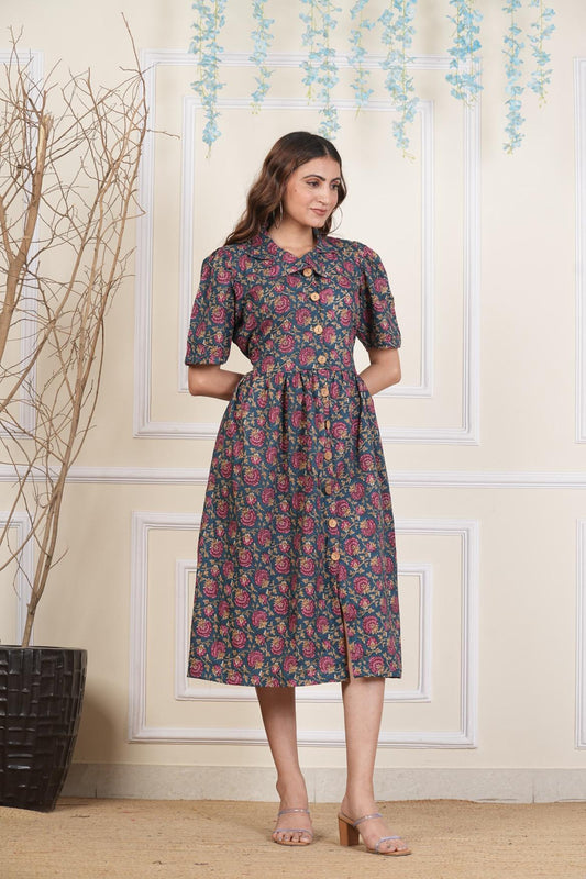 Botanical Floral printed Cotton dress, Pure cotton Dress, sustainable dresses, Hand loom dresses, Indigo dresses, Block printed Dress, Monson Dresses, Gerua dress, Rui Fish dress, Fish printed Dress, Puffed sleeve dress, Matte Red cotton dress, Orange dress, Pocket dress, One piece Dress,  Cotton Dress,  Collar dress,, Summer dress, , Kalamkari Dress