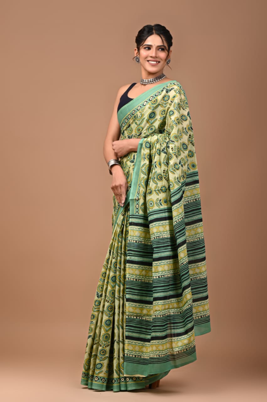 mul cotton saree, quirky print saree