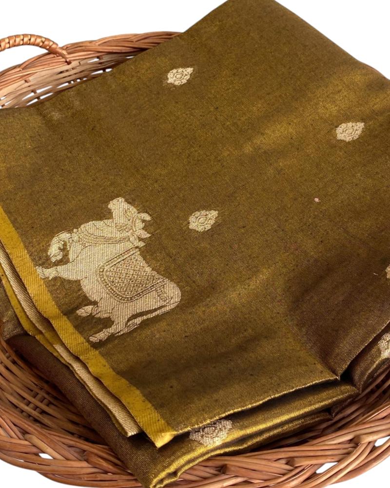 Antique Gold Tissue Pichwai Weave Saree,Tissue Silk saree, Kamdhenu Saree