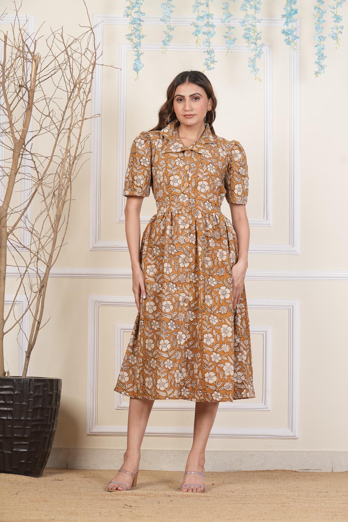 Buttercup Floral printed Cotton dress, Pure cotton Dress, sustainable dresses, Hand loom dresses, Indigo dresses, Block printed Dress, Monson Dresses, Gerua dress, Rui Fish dress, Fish printed Dress, Puffed sleeve dress, Matte Red cotton dress, Orange dress, Pocket dress, One piece Dress,  Cotton Dress,  Collar dress,, Summer dress, , Kalamkari Dress