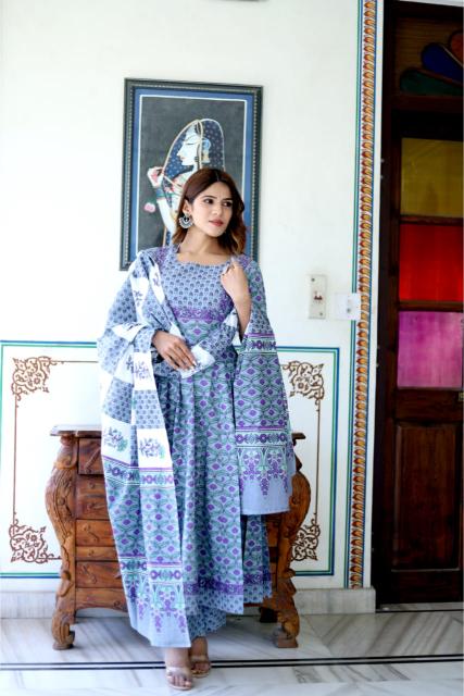 Pastel blue Cotton Anarkali Suit