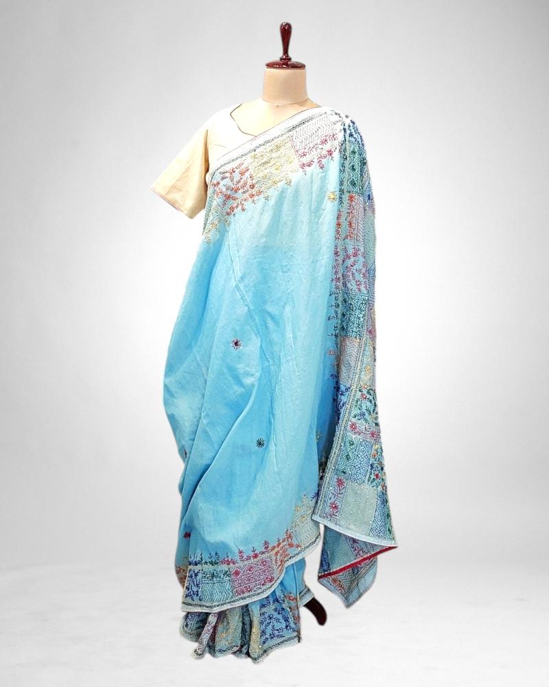 pastel blue saree, hand painted pichwai sarees, quirky saree