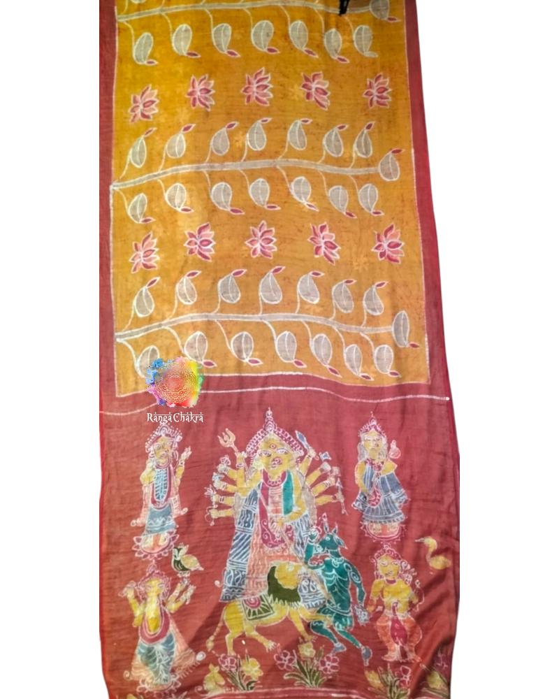 Hand Batik Silk sarees, Durga Batik Painted Saree, Hand painted Saree, Batik Painting saree, Durga Puja Saree, Handpainted Saree, Yellow saree Handpainted