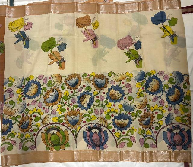 Village theme Pen Kalamkari saree, Handpainted sarees, Kalamkari sarees, Pure silk Kalamkari sarees, Beige painted saree, sarees for women