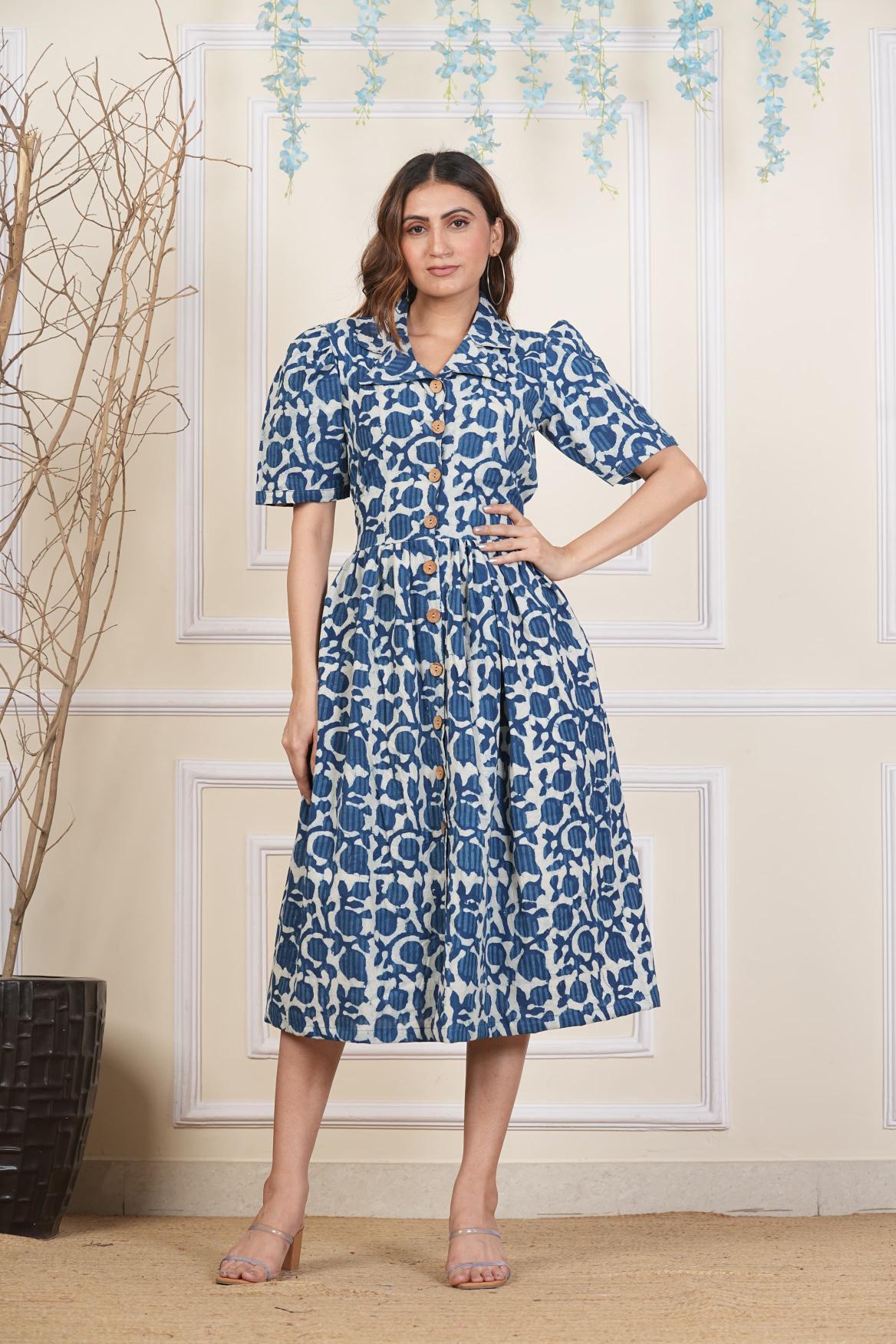 Indigo dream Dress, Pure cotton Dress, Sustainable dresses, Hand loom dresses, Indigo Dresses, Block printed Dress, Monson Dresses