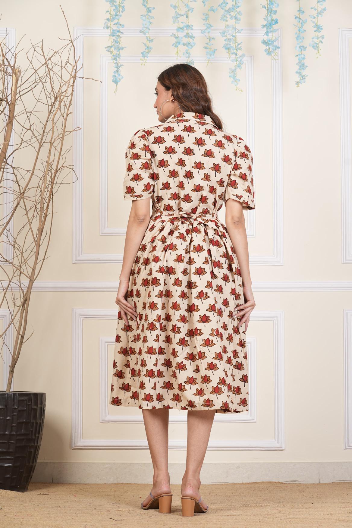 Beige Floral printed Cotton dress, Pure cotton Dress, sustainable dresses, Hand loom dresses, Indigo dresses, Block printed Dress, Monson Dresses, Gerua dress, Rui Fish dress, Fish printed Dress, Puffed sleeve dress, Matte Red cotton dress, Orange dress, Pocket dress, One piece Dress,  Cotton Dress,  Collar dress,, Summer dress