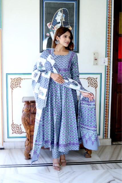 Pastel blue Cotton Anarkali Suit