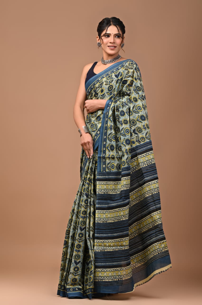 mul cotton saree, quirky print saree