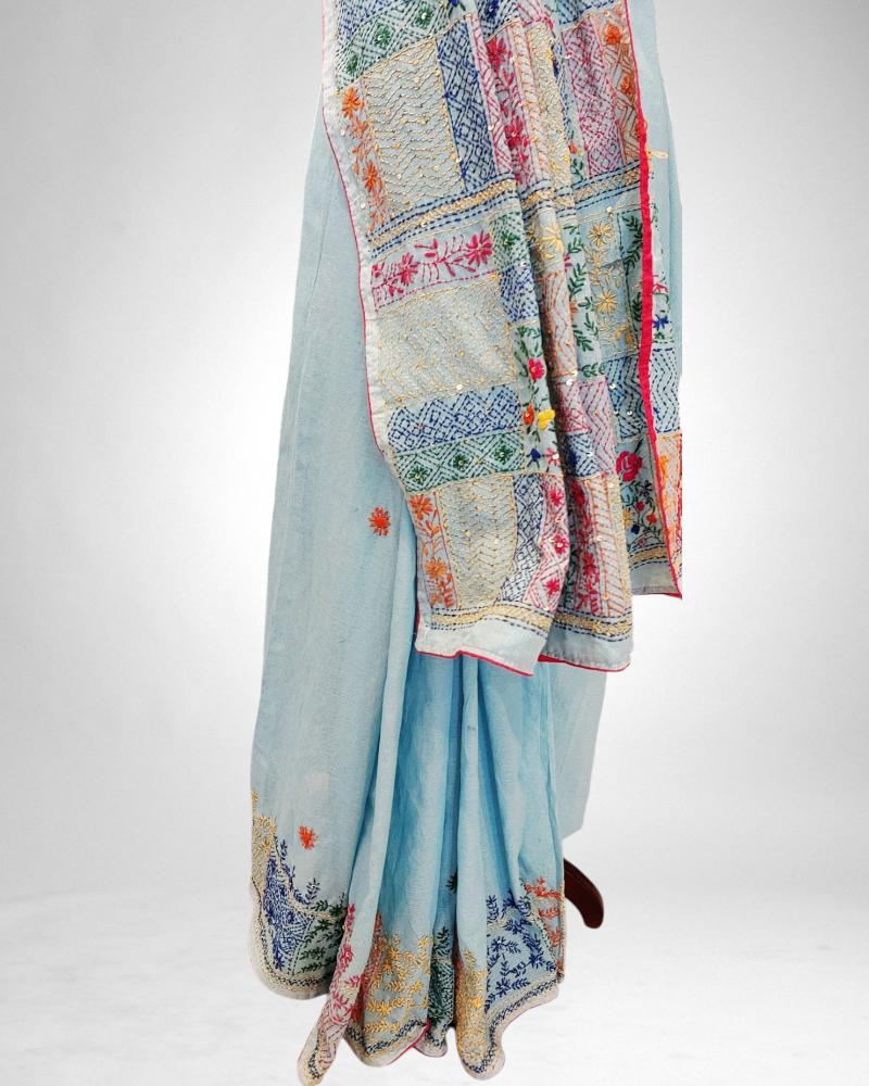 pastel blue saree, hand painted pichwai sarees, quirky saree