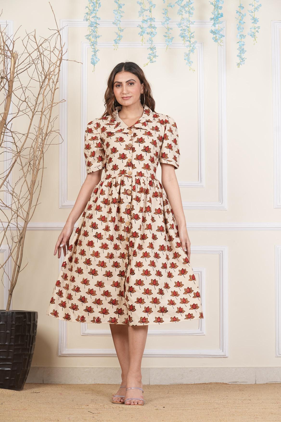 Beige Floral printed Cotton dress, Pure cotton Dress, sustainable dresses, Hand loom dresses, Indigo dresses, Block printed Dress, Monson Dresses, Gerua dress, Rui Fish dress, Fish printed Dress, Puffed sleeve dress, Matte Red cotton dress, Orange dress, Pocket dress, One piece Dress,  Cotton Dress,  Collar dress,, Summer dress