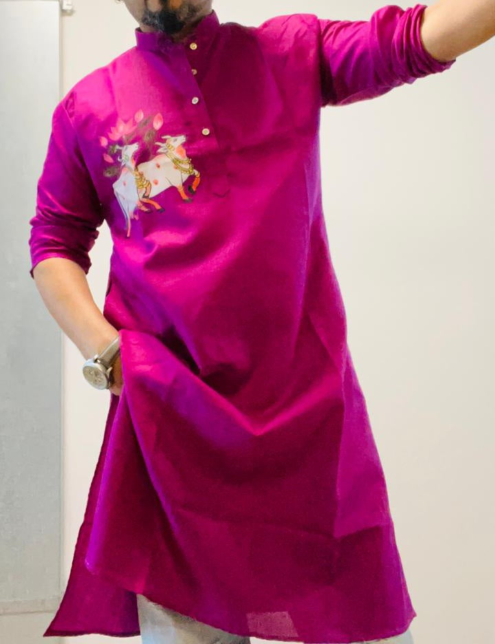 Pichwai Mens Kurta, Pichwai Kurta, Mens Handpainted Kurta, Handpainted Mens Kurta, Painted Kurta, Painting Kurta Mens, Ethnic Menswear, Pichwai Cow Painted Kurta
