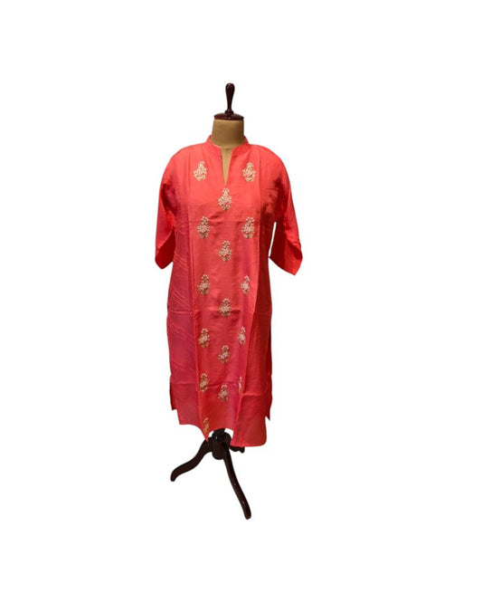 Coral Peach Silk Kurti, Diwali Outfit
