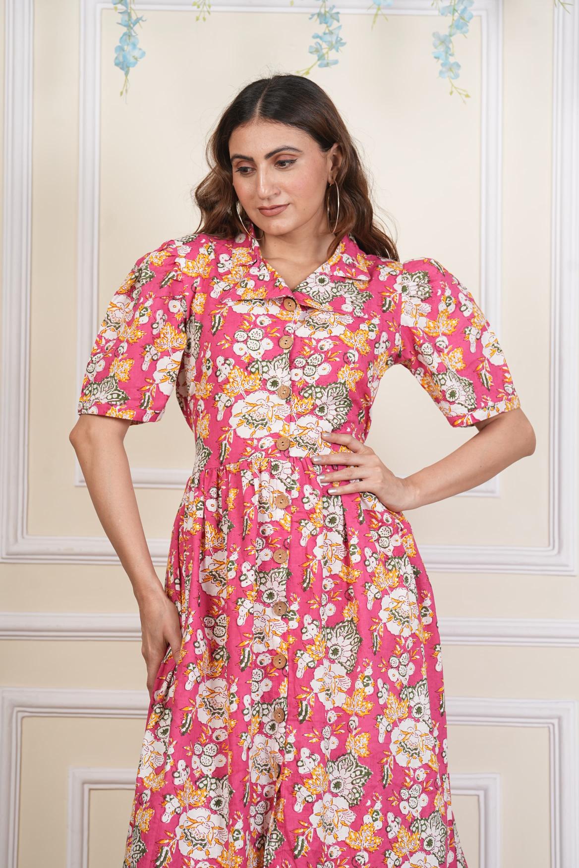 Big Flower Dress, Pure cotton Dress, sustainable dresses, Hand loom dresses, Indigo dresses, Block printed Dress, Monson Dresses, Gerua dress, Rui Fish dress, Fish printed Dress, Puffed sleeve dress, Matte Red cotton dress, Orange dress, Pocket dress, One piece Dress,  Cotton Dress,  Collar dress,, Summer dress