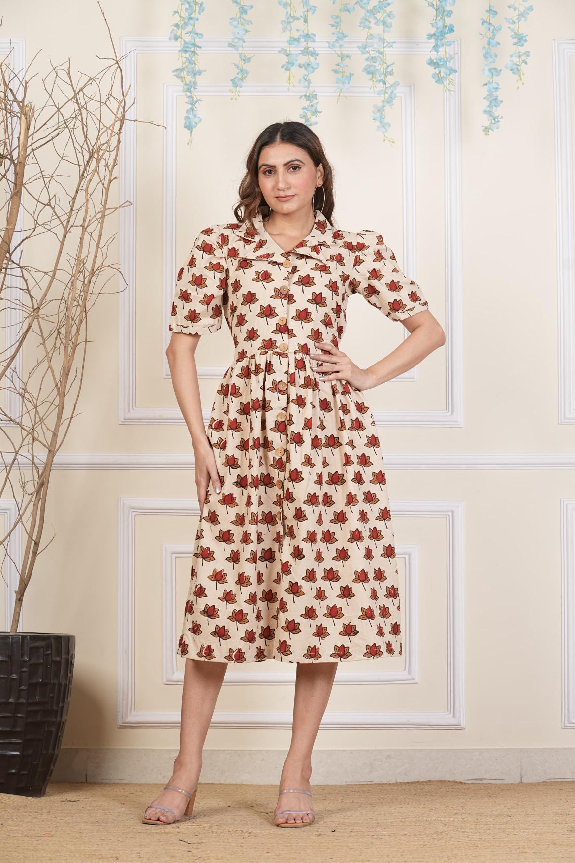 Beige Floral printed Cotton dress, Pure cotton Dress, sustainable dresses, Hand loom dresses, Indigo dresses, Block printed Dress, Monson Dresses, Gerua dress, Rui Fish dress, Fish printed Dress, Puffed sleeve dress, Matte Red cotton dress, Orange dress, Pocket dress, One piece Dress,  Cotton Dress,  Collar dress,, Summer dress