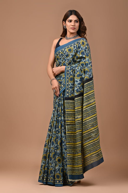 mul cotton saree, quirky print saree