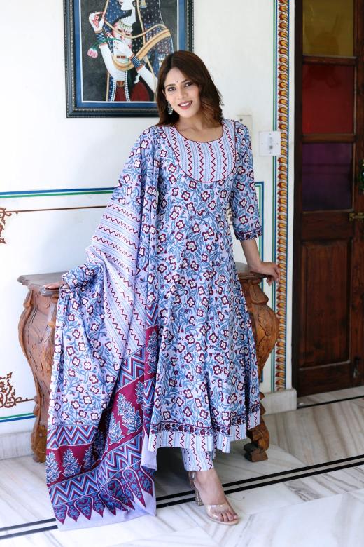 Purple Floral Cotton Anarkali Suit