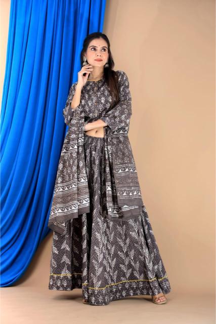 Charcoal Grey Cotton Lehenga set