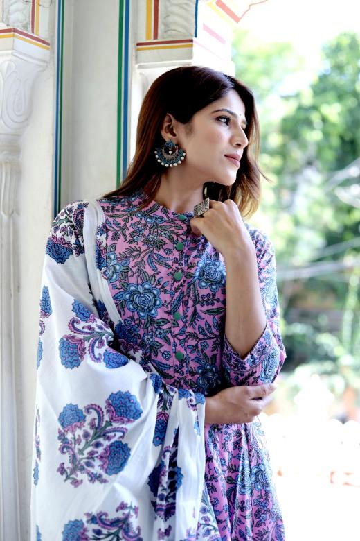 Lavender Cotton Anarkali Suit