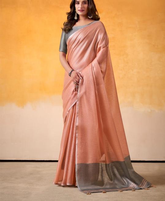 Peach Silk Saree, Peach Tissue Silk saree, Durga puja Silk sarees, Handloom Tissue Silk saree, Salmon Peach saree, Ranga Chakra Saree, Navratri Sarees, Tissue Sarees