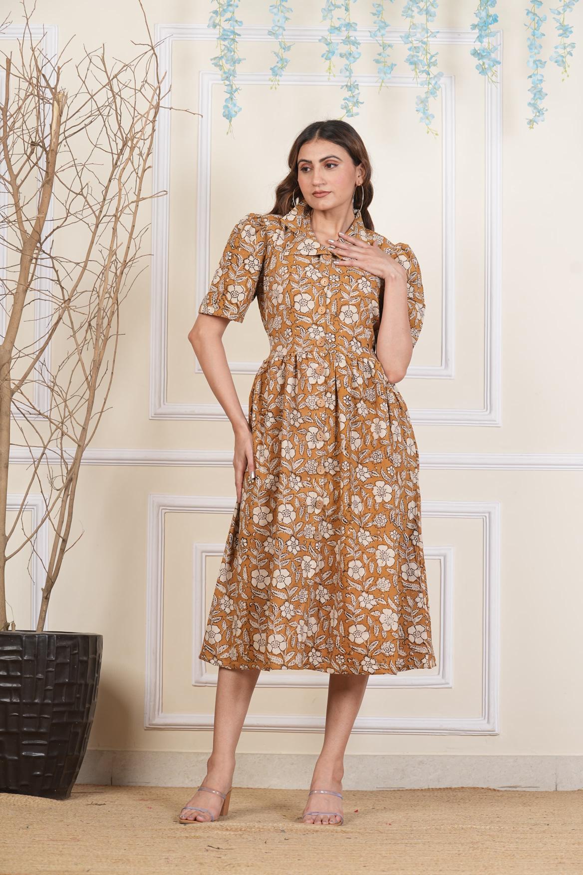 Buttercup Floral printed Cotton dress, Pure cotton Dress, sustainable dresses, Hand loom dresses, Indigo dresses, Block printed Dress, Monson Dresses, Gerua dress, Rui Fish dress, Fish printed Dress, Puffed sleeve dress, Matte Red cotton dress, Orange dress, Pocket dress, One piece Dress,  Cotton Dress,  Collar dress,, Summer dress, , Kalamkari Dress