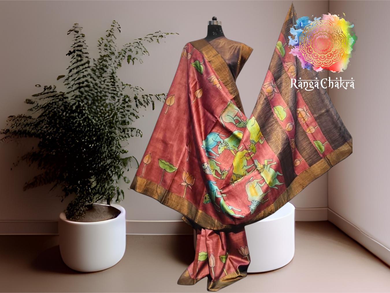 Coral Shades Pichwai Tussar Silk Hand painted Silk Saree,Handpainted Pichwai cow tussar Silk Saree tussar Silk Saree,Hand painted Silk Saree. Pichwai Tussar Silk Hand painted Saree, Handpainted Pichwai cow tussar Silk Saree tussar Silk Saree , Hand painted Pichwai Silk Saree, Blue Hand Painted Tussar Silk Saree, Hand painted pichwai cow Silk Saree tussar Silk Saree ,Hand painted Silk Saree,blue Mulberry silk saree,hand painted pichwai sarees, Pichwai Silk sarees, Shree krishna Painted saree, Krishna Painte