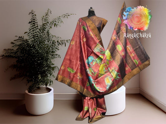 Coral Shades Pichwai Tussar Silk Hand painted Silk Saree,Handpainted Pichwai cow tussar Silk Saree tussar Silk Saree,Hand painted Silk Saree. Pichwai Tussar Silk Hand painted Saree, Handpainted Pichwai cow tussar Silk Saree tussar Silk Saree , Hand painted Pichwai Silk Saree, Blue Hand Painted Tussar Silk Saree, Hand painted pichwai cow Silk Saree tussar Silk Saree ,Hand painted Silk Saree,blue Mulberry  silk saree,hand painted pichwai sarees, Pichwai Silk sarees, Shree krishna Painted saree, Krishna Painte