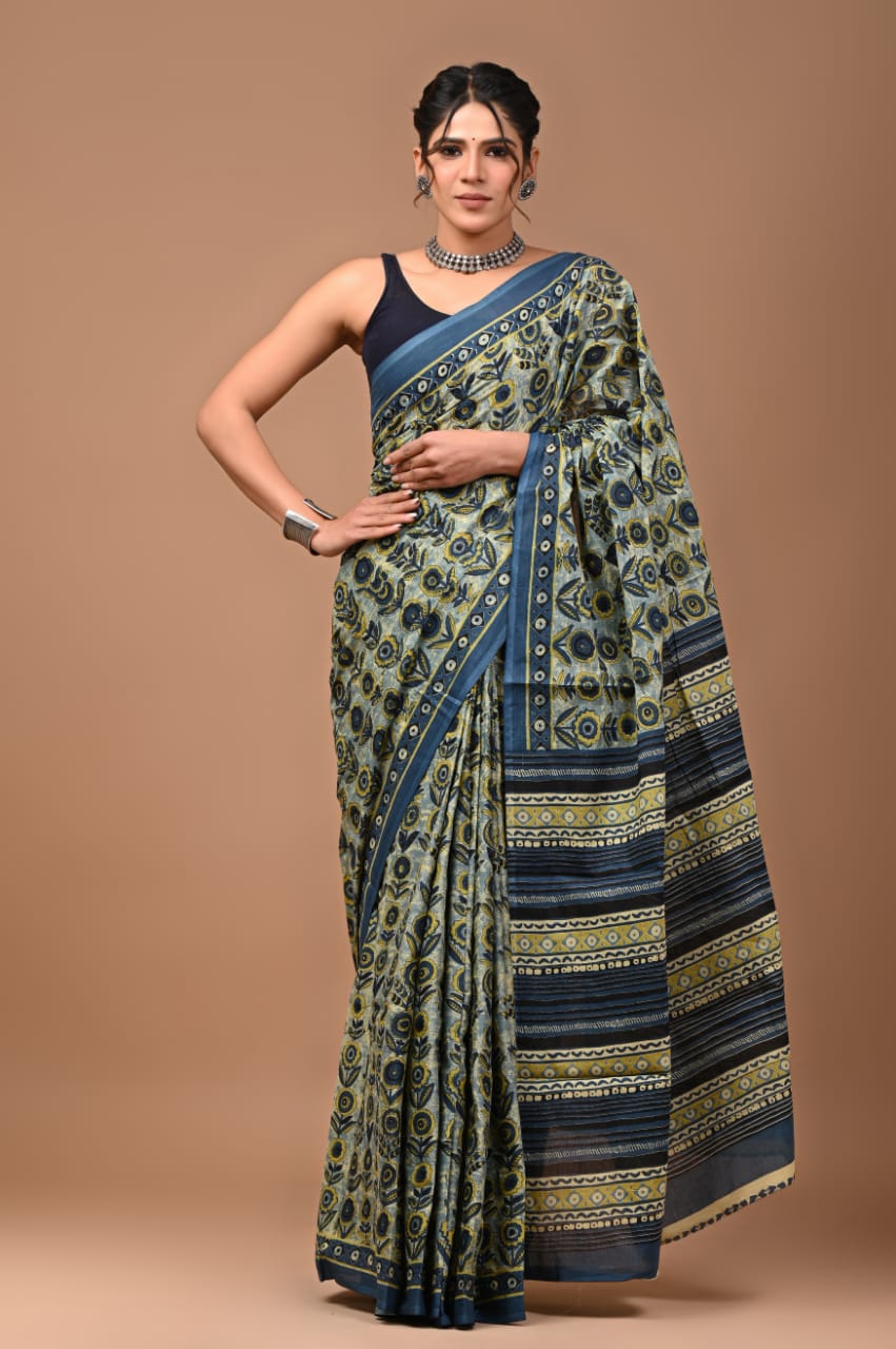 mul cotton saree, quirky print saree