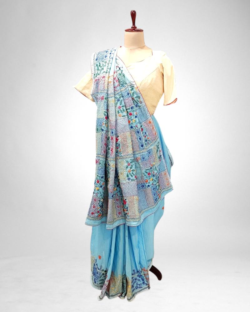 pastel blue saree, hand painted pichwai sarees, quirky saree
