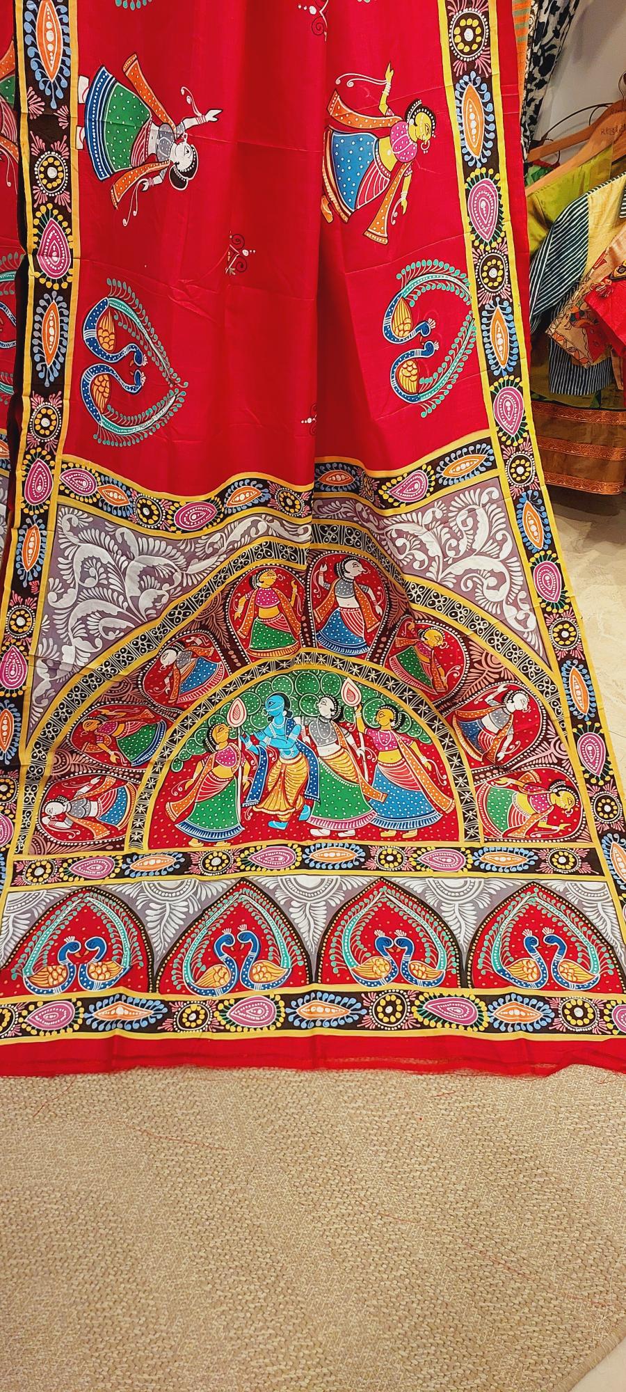 Pattachitra Handpainted saree, Krishna leela saree, Pattachitra saree