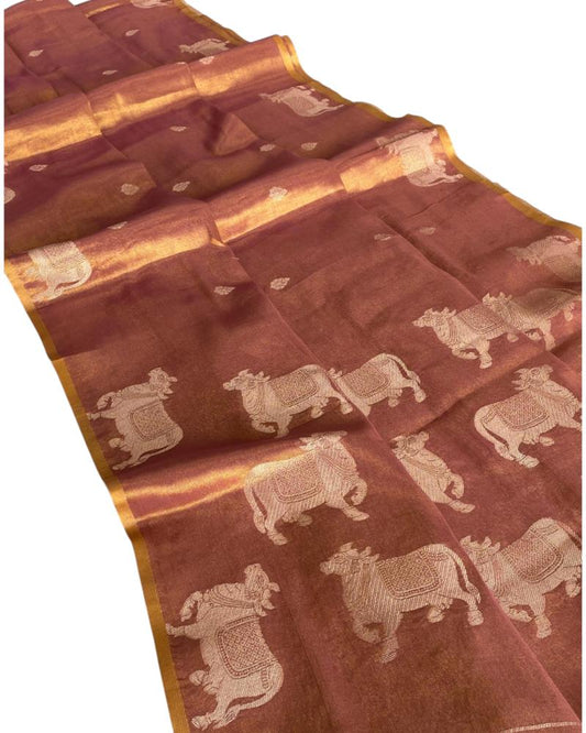 Copper Gold Tissue Silk saree Pichwai Weave, Metallic Tissue Silk saree, Copper saree. COPPER GOLD SILK SAREE