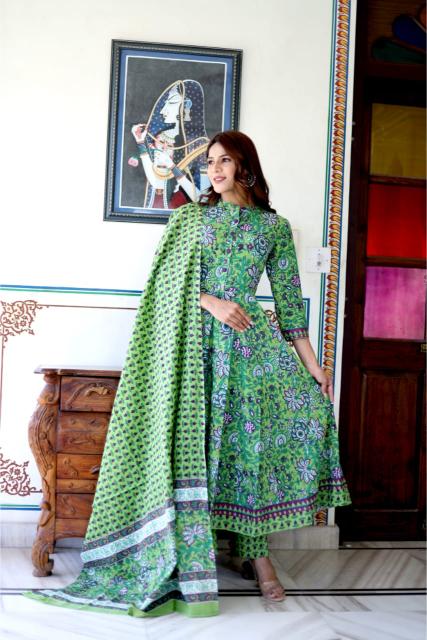 Pastel green Floral Cotton Anarkali Suit