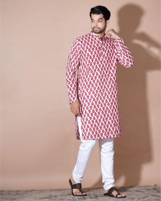 Pink Block Cotton Mens Kurta