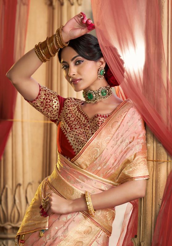 Royal Peach Zari Silk Saree with Embroidered Blouse