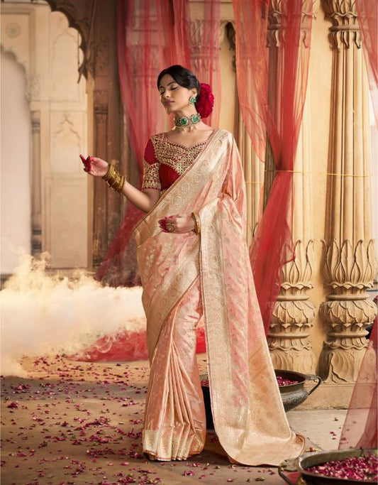 Royal Peach Zari Silk Saree with Embroidered Blouse