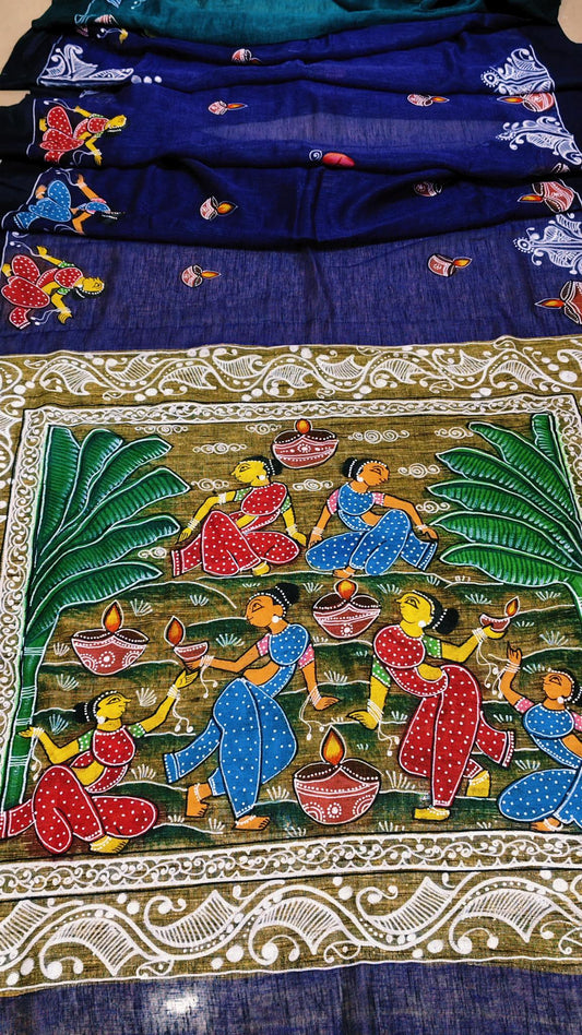 Handpainted Pattachitra Diwali Diya On Linen Saree