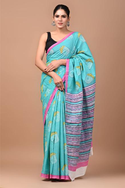 Playful Popcorn Mul Mul Cotton Quirky Sky Blue Saree