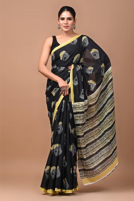 Popcorn Mul Mul Cotton Quirky Black Saree