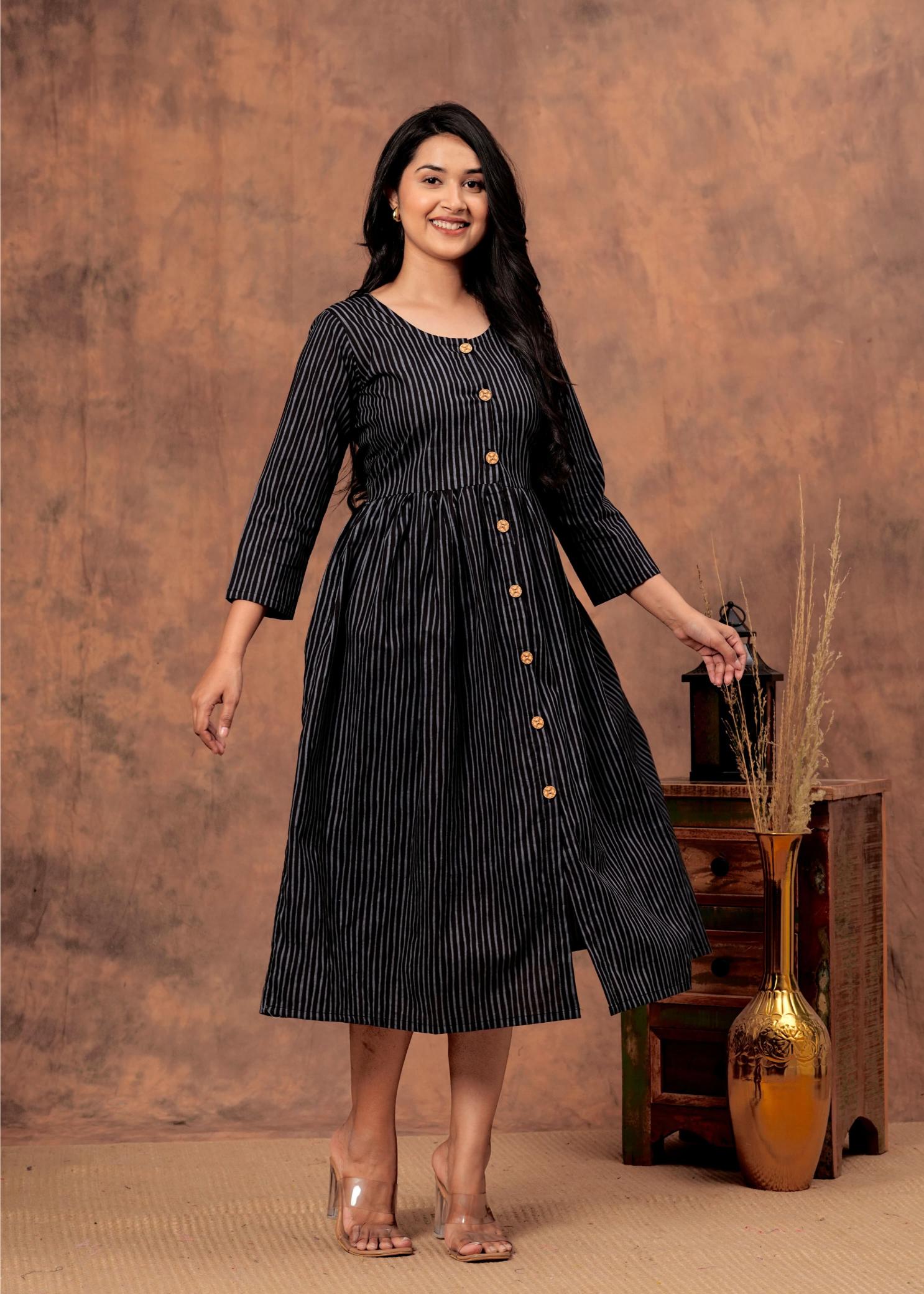 Striped Block printed Black and white Mul Cotton knee length dress with pockets