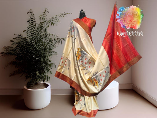 Pichwai Tussar Silk Hand painted beige Saree, Handpainted Pichwai cow tussar Silk Saree tussar Silk Saree , Hand painted Pichwai Silk Saree