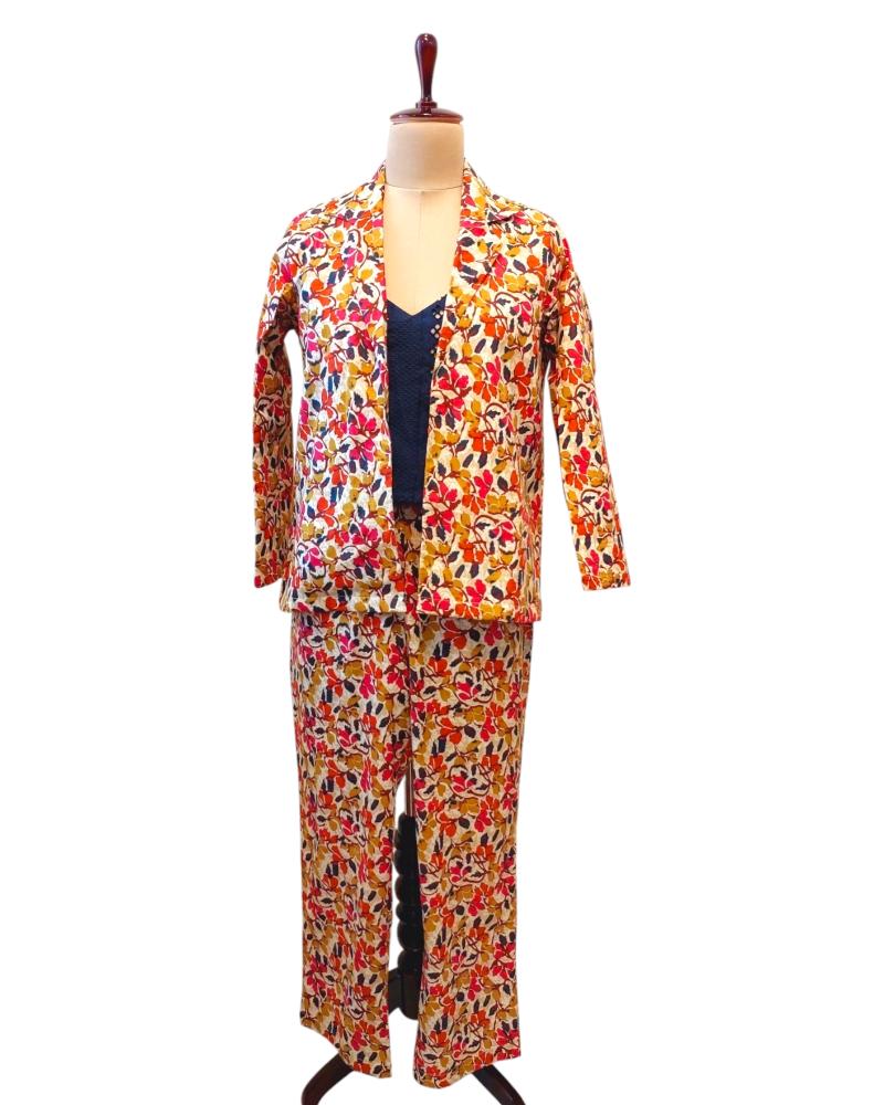 Multicolor Floral Printed Blazer set, Cotton Blazer Pant Set, Co ord set, Floral Blazer Pant Set, Casual Blazer Pant Set, Cotton Blazer Pant Set, Cotton Blazer with Trouser, Set of 3 Blazer Pant Set, Open Front Blazer with Trouser, office wear Blazer Pant Set, 