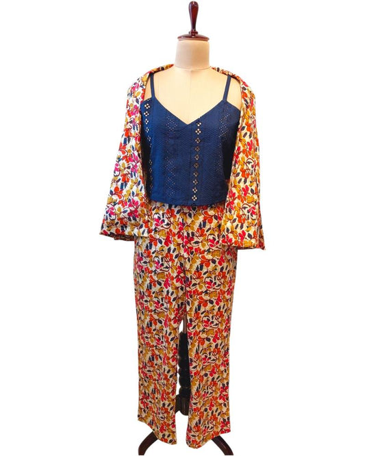 Multicolor Floral Printed Blazer set, Cotton Blazer Pant Set, Co ord set, Floral Blazer Pant Set, Casual Blazer Pant Set, Cotton Blazer Pant Set, Cotton Blazer with Trouser, Set of 3 Blazer Pant Set, Open Front Blazer with Trouser, office wear Blazer Pant Set, 