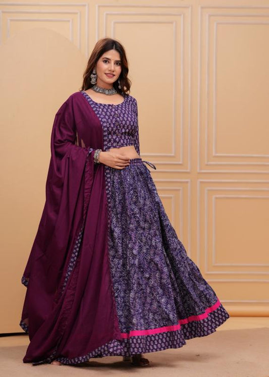 Amethyst Mul mul Cotton Lehenga set Natural Block prints