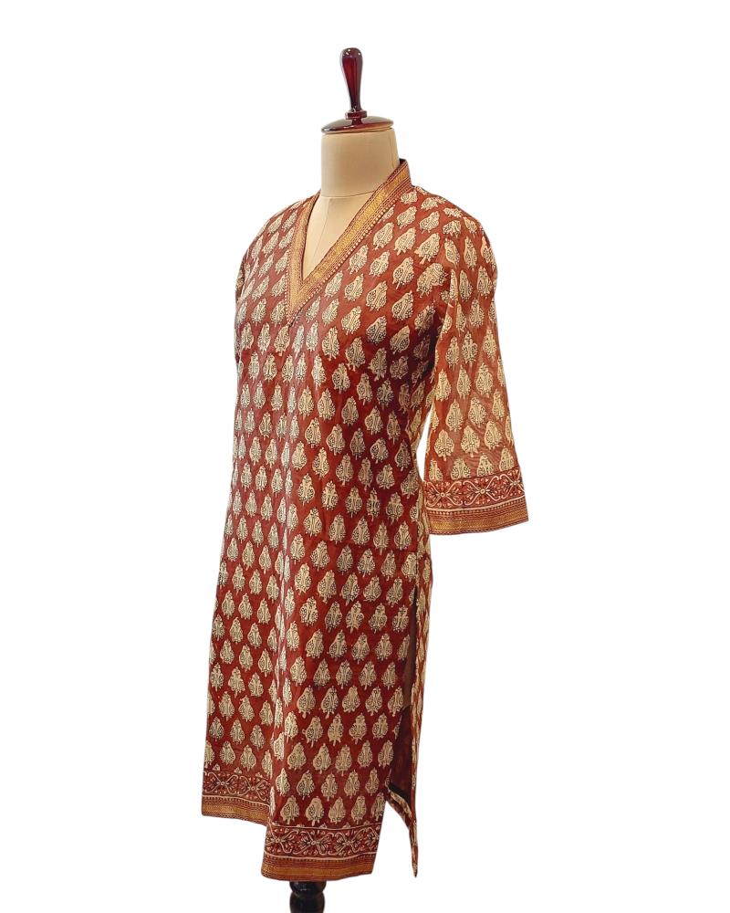 Natural print Brown Chanderi Silk V neck Kurta