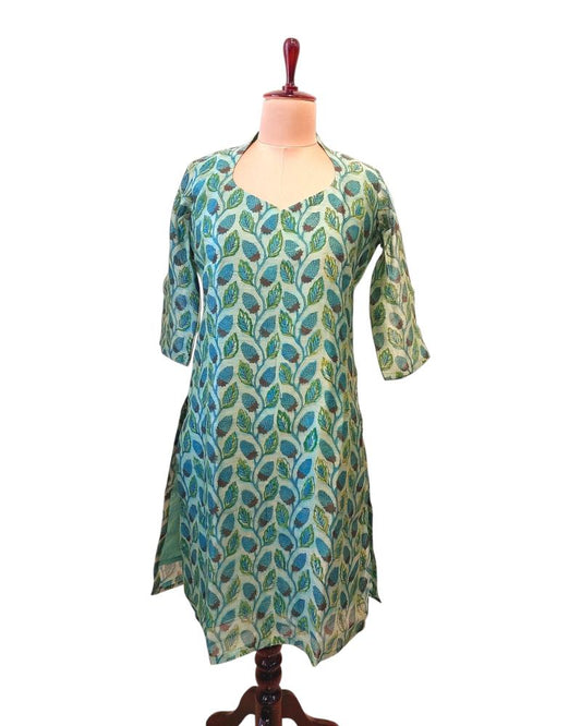 Turquoise Chanderi Silk Kurta with collar round neck